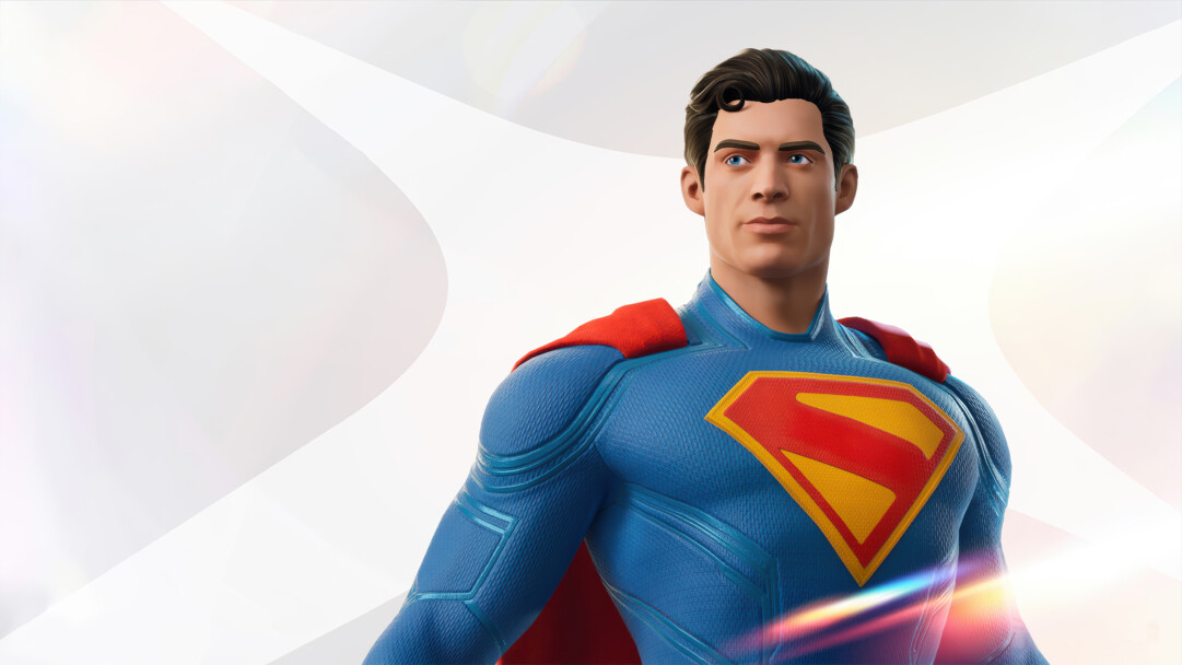 A heroic 4K wallpaper featuring a modern, stylized Superman from Fortnite, poised against a luminous, abstract white backdrop. The intricate texture of his blue and red suit is emphasized by glowing light streaks across the minimalist background, conveying a sense of hopeful power.