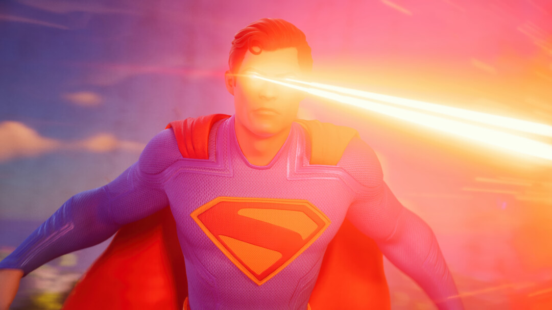 A dynamic 4K wallpaper captures Superman from Fortnite unleashing powerful heat vision while airborne against a stylized, cloud-streaked sky. The brilliant orange-yellow beams of heat vision erupt from his eyes, casting a powerful, fiery glow that illuminates the vibrant, sunset-hued sky and defines the intense mood.