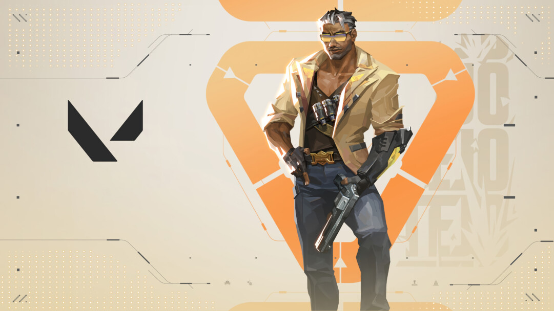 A vibrant 4K wallpaper showcases the Valorant agent Tejo, a sharply dressed man with silver hair and a bionic arm, standing with a pistol in a minimalist, high-tech environment. The sleek design is enhanced by the glowing orange accents and subtle cream tones, conveying a sense of sophisticated readiness.