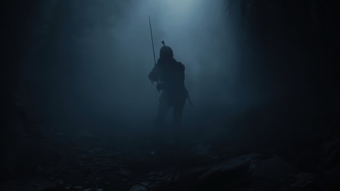 An atmospheric 4K wallpaper of Ciri from The Witcher 4, standing as a lone silhouette in a dark, misty cavern. A powerful aura emanates from her as she stands silhouetted against a brilliant, ethereal light that pierces through the dense fog above, highlighting her sword and creating a profound sense of mystery.