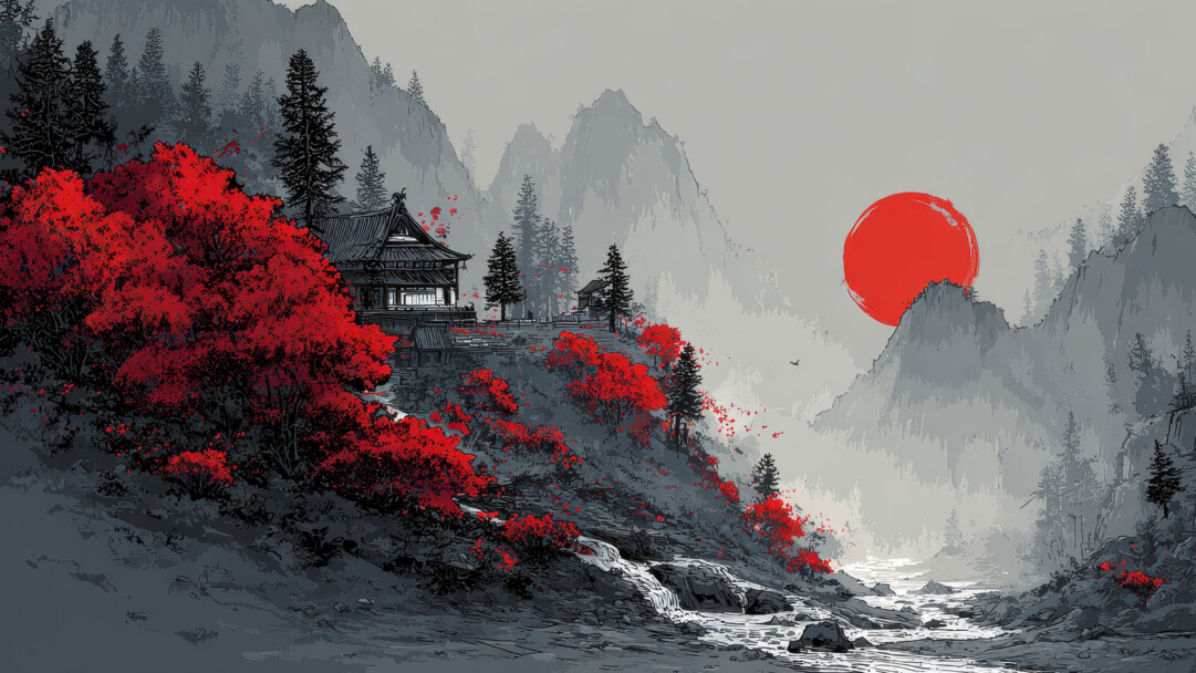 A captivating 4K wallpaper unveils a traditional Japanese temple nestled into a mountainside, surrounded by sparse pines and a flowing river. The scene is strikingly defined by vivid red autumn foliage and a bold red sun, creating a dynamic and serene AI wallpaper experience.