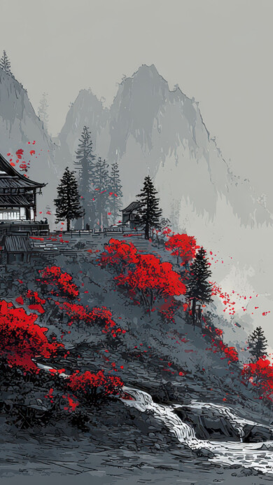A captivating 4K wallpaper unveils a traditional Japanese temple nestled into a mountainside, surrounded by sparse pines and a flowing river. The scene is strikingly defined by vivid red autumn foliage and a bold red sun, creating a dynamic and serene AI wallpaper experience.