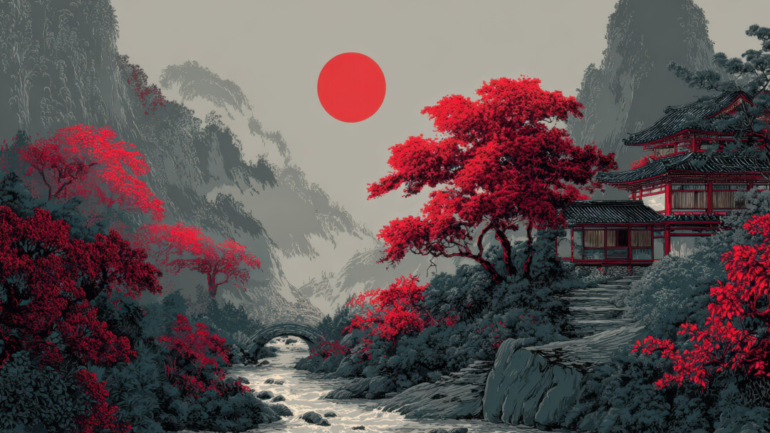 A captivating 4K wallpaper showcases a traditional Japanese pagoda in a serene autumn mountain landscape, characteristic of Japanese art. Vibrant crimson foliage and a bold red sun dramatically punctuate the scene, casting a striking contrast against the monochrome gray mountains and flowing river.