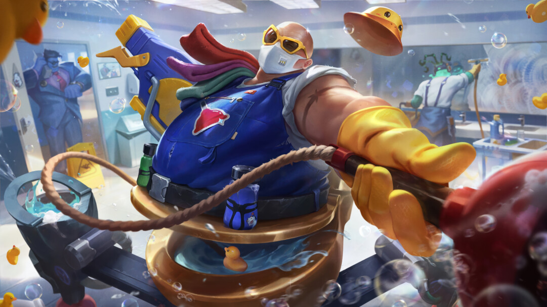A vibrant 4K wallpaper showcasing Urgot, reimagined as the Clogfather, powerfully blasting water from a hose while balancing on a golden toilet in a chaotic, brightly lit washroom. The scene is alive with shimmering water droplets, numerous playful bubbles, and yellow rubber ducks, creating a whimsical yet energetic atmosphere.