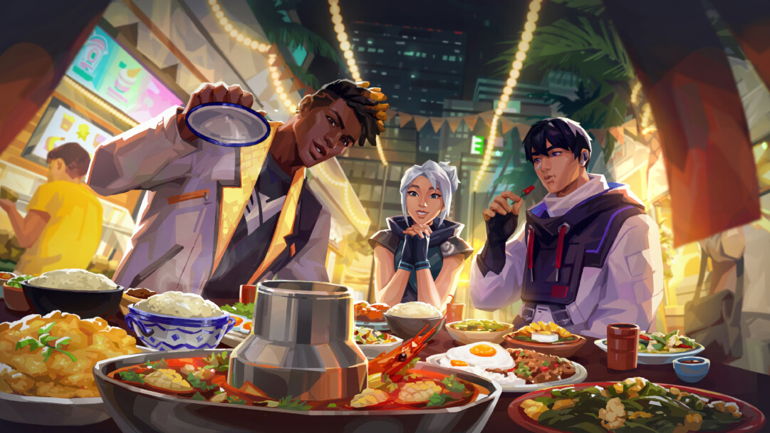 A captivating 4K wallpaper features Valorant agents Phoenix, Jett, and Iso gathered around a table overflowing with diverse dishes at a lively outdoor night market. The interplay of warm lights and rich food textures creates an inviting, celebratory mood, set against the cool, illuminated cityscape.