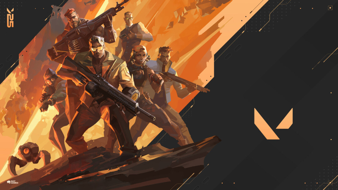 A dynamic 4K wallpaper showcasing Valorant agents Brimstone, Raze, Phoenix, Killjoy, and Chamber advancing across rugged, orange-lit terrain. The vibrant, warm orange and fiery light emanating from behind the agents powerfully contrasts with the sleek, dark grey UI-inspired background, setting a mood of intense action and high-tech readiness.