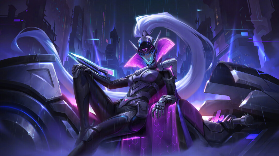 A stunning 4K wallpaper features the cybernetically enhanced Vayne, from League of Legends, seated commandingly amidst a dark, rain-slicked futuristic city. Vibrant neon pinks and blues illuminate her sleek armor and the imposing, rain-streaked skyline, creating a dramatic, high-tech mood.