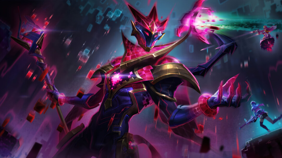 A vibrant 4K wallpaper showcasing Viktor in his Secret Boss skin, standing powerfully in a dark, fragmented digital arena. He dominates the scene amidst a storm of glowing magenta and cyan digital fragments, exuding a menacing, powerful presence that defines this futuristic splash art.