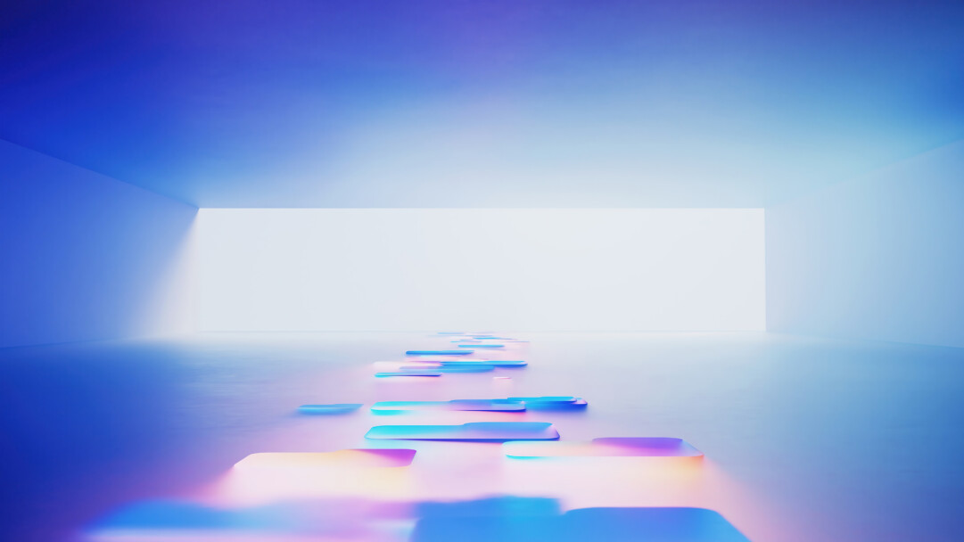 A futuristic 4K wallpaper featuring an abstract pathway of glowing, rounded shapes leading through a minimalist corridor bathed in blue and purple light. The vibrant, translucent quality of the floating elements casts a soft, illuminating glow on the reflective floor, creating a serene and ethereal digital environment.