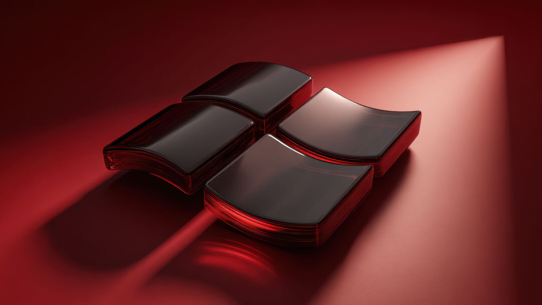 A captivating 4K wallpaper presents an abstract, three-dimensional Windows 11 logo, composed of four dark, glossy rectangular panes, set against a rich, textured red background. Vibrant red light emanates from the logo's edges, creating a dynamic glow and deep shadows that contribute to the modern, intense mood of the crimson scene.