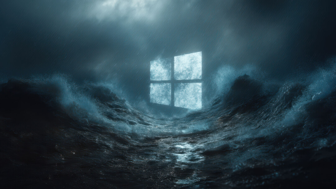 A powerful 4K wallpaper showcasing a large, luminous Windows logo standing resolute in the center of a dark, raging ocean under a storming, rain-swept sky. The striking contrast of the logo's bright, icy blue glow against the deep, churning blues of the tempestuous waves and the streaks of heavy rain emphasizes a dramatic and overwhelming atmospheric mood.
