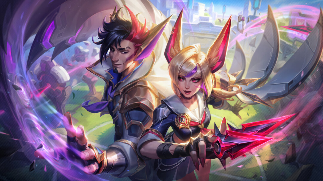 A vibrant 4K wallpaper showcasing the dynamic duo Xayah and Rakan in their Battle Academia skins, poised for action against a futuristic cityscape with sleek buildings. The vibrant purple magical energy swirling around Rakan's hand and the sharp red blade held by Xayah create a striking contrast, emphasizing their powerful and synchronized presence.