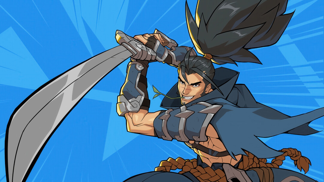 A dynamic 4K wallpaper showcasing the League of Legends character Yasuo, a fierce swordsman, against a vibrant blue background with radiating motion lines. His determined expression and powerful grip on the katana, subtly accented by a green stem in his mouth, convey a cool readiness for action.