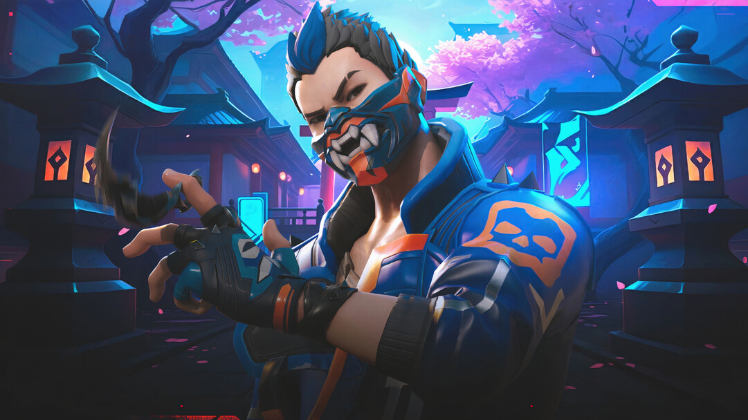 A stunning 4K wallpaper featuring Valorant's Yoru, his fierce masked face prominent, set within a vibrant, stylized Japanese temple garden at dusk. The interplay of neon blue and purple light on his armor and the soft pink cherry blossoms creates a mystical and atmospheric mood.