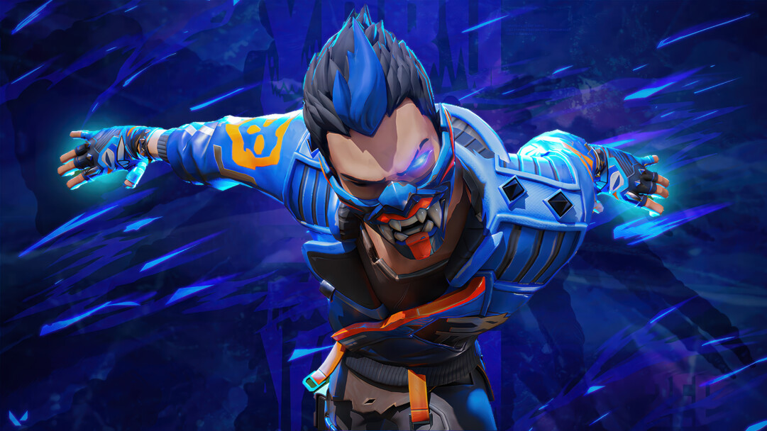 A dynamic 4K wallpaper showcasing Yoru from Valorant, poised in a blue and orange battle suit with a fierce oni-like mask, against a swirling dark blue background alive with electric energy. Bright blue light emanates from his outstretched hands and surrounds him, emphasizing his powerful stance and the image's futuristic, action-packed mood.