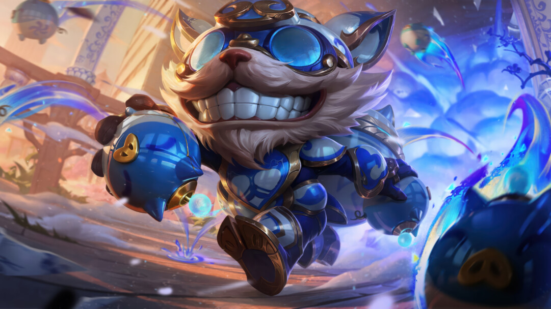 A stunning 4K wallpaper featuring Ziggs in his ornate Porcelain skin, joyfully bounding through a magnificent, magically lit, snow-dusted palace hall. The vibrant blues of his detailed porcelain armor and explosive magic sharply contrast with the soft, warm light of the gilded architecture, emphasizing his chaotic yet elegant nature.