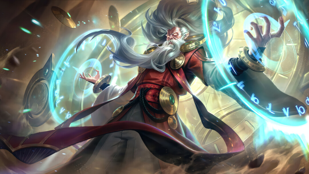A captivating 4K wallpaper featuring the powerful chronomancer Zilean, an elder with a flowing white beard and red robes, levitating within a luminous, clockwork-filled dimension. His fierce expression and the brilliant, glowing turquoise rings of temporal energy around his outstretched hands define the image's dynamic and mystical power.