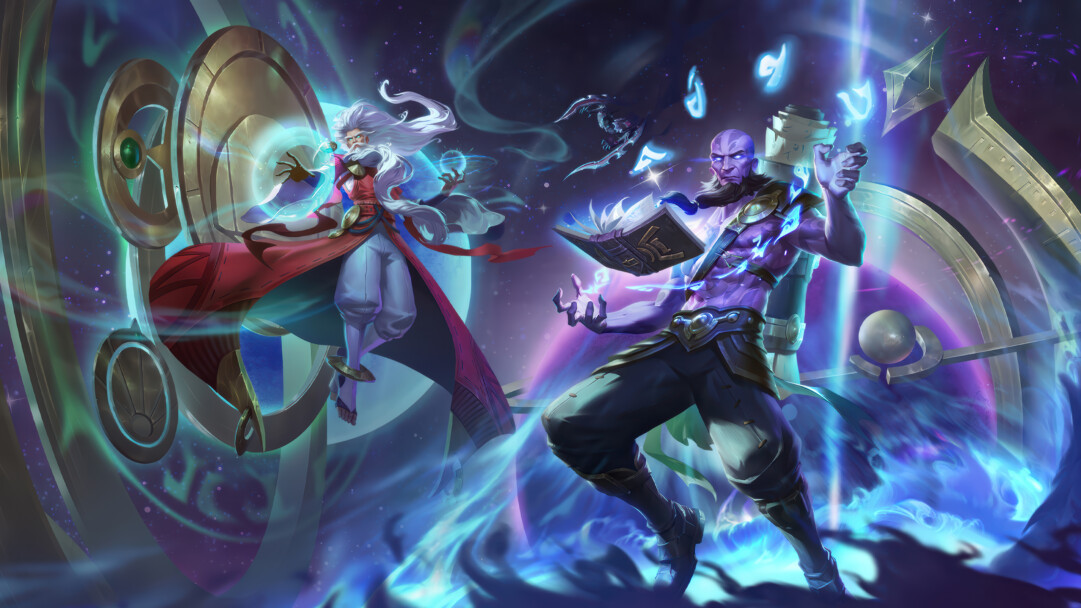 A dynamic 4K wallpaper showcasing the time mage Zilean and the rune mage Ryze, both channeling powerful magic within a swirling, star-strewn cosmic void. The intense blue and purple magical light emanating from both figures creates a dramatic contrast with the dark, starry backdrop, conveying immense power.