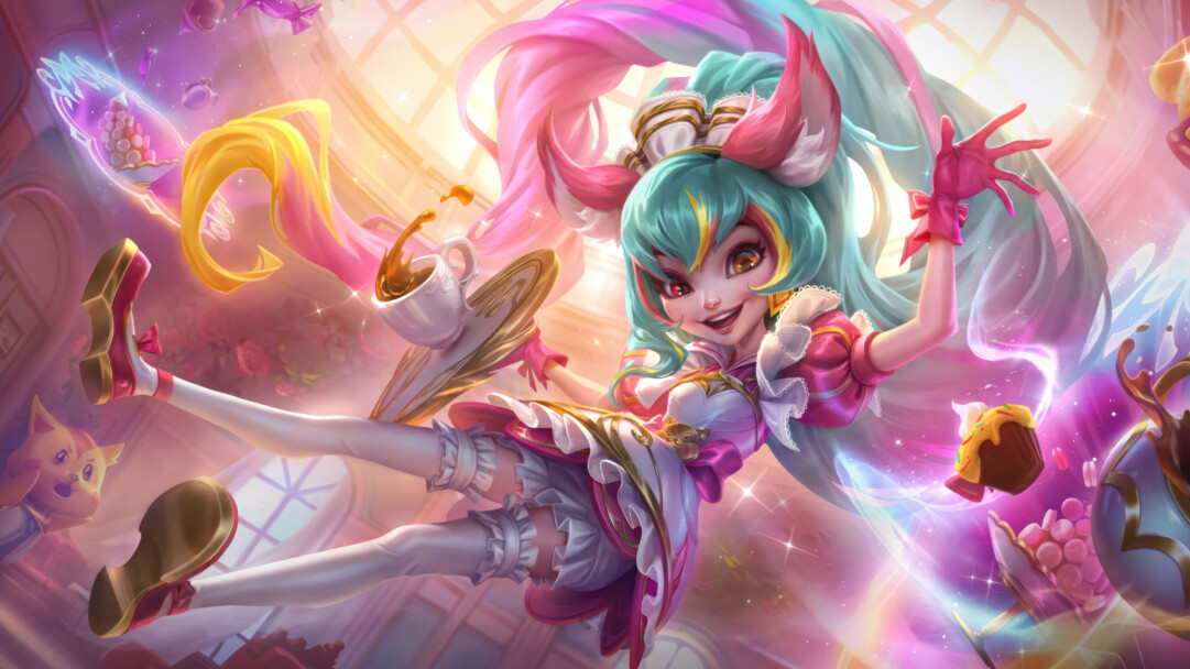 A vibrant 4K wallpaper showcasing Zoe, in her Cafe Cuties skin, as she playfully tumbles through a whimsical, pastel-colored café filled with floating sweets and spilled beverages. The dynamic composition and radiant light, enhanced by shimmering magical effects, create a deliciously sweet and energetic atmosphere.