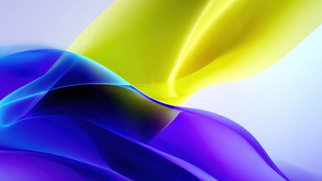 A dynamic 4K wallpaper showcasing fluid abstract waves in vibrant blue, yellow, and purple hues against a subtle gradient background. Translucent layers of color beautifully intertwine, with radiant highlights illuminating their smooth, undulating forms and creating a sense of ethereal motion.