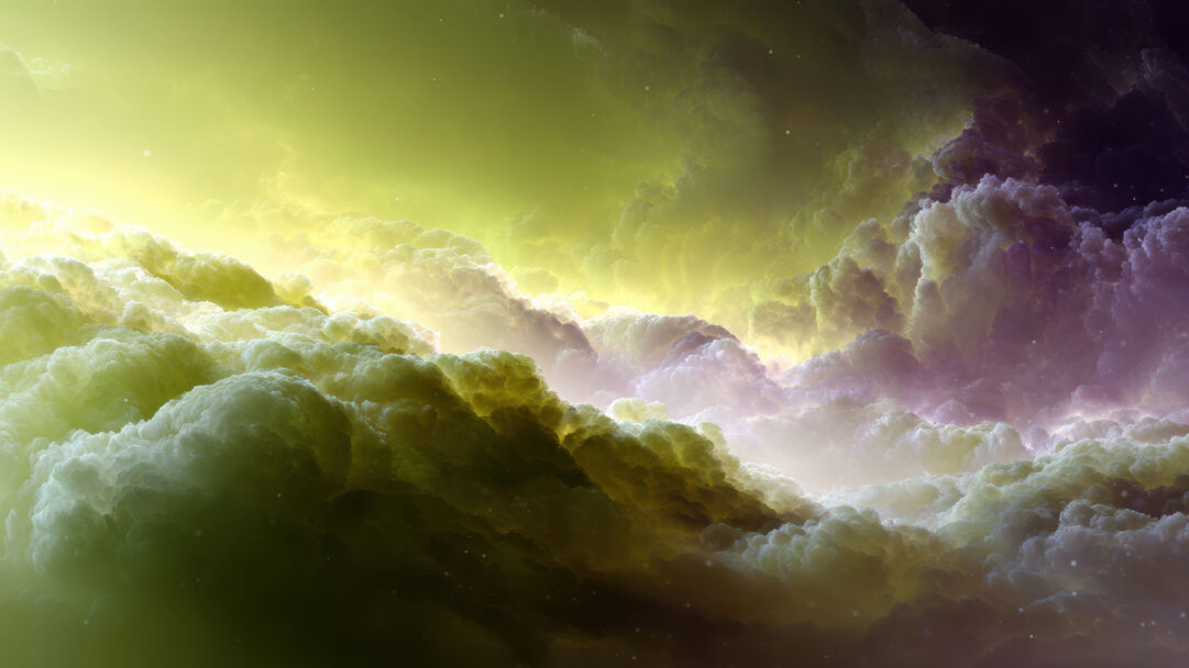 A magnificent 4K wallpaper of an abstract cosmic cloud formation, stretching across a vast ethereal setting. The vibrant yellow light intensifies the glowing textures of the clouds on the left, dramatically fading into deep purple shadows on the right, creating an otherworldly, majestic mood.