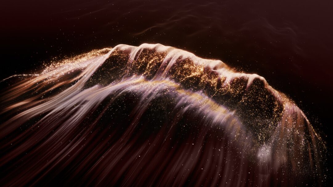 A captivating 4K wallpaper featuring abstract dark waves, composed of flowing, translucent forms that undulate across a deep, shadowy expanse. Golden glitter particles densely cover the wave crests, cascading down their sides and illuminating the dark backdrop with a sparkling, ethereal glow.