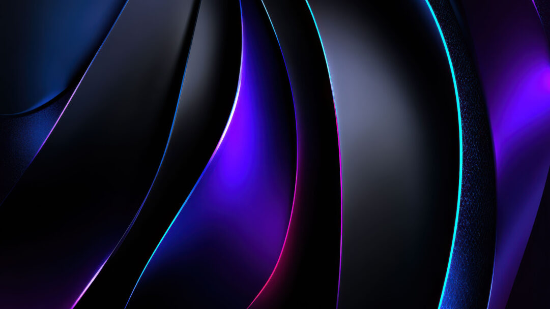 A captivating 4K wallpaper showcases abstract dark shapes, reminiscent of the sleek interface of Windows 11, forming dynamic curves across a deep, shadowed setting. Striking neon blue and purple lines brilliantly illuminate the edges of these forms, creating a vibrant interplay of light and shadow that defines the image's futuristic mood.