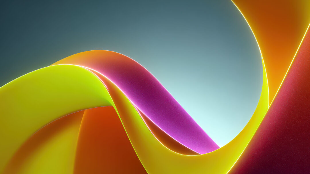 A vibrant 4K wallpaper showcasing sweeping, multi-colored abstract dimensional digitl art forms gracefully curving against a soft gradient background. The interplay of luminous yellow, orange, and magenta ribbons creates a dynamic, flowing composition, highlighted by subtle glowing edges that accentuate their intricate curves.