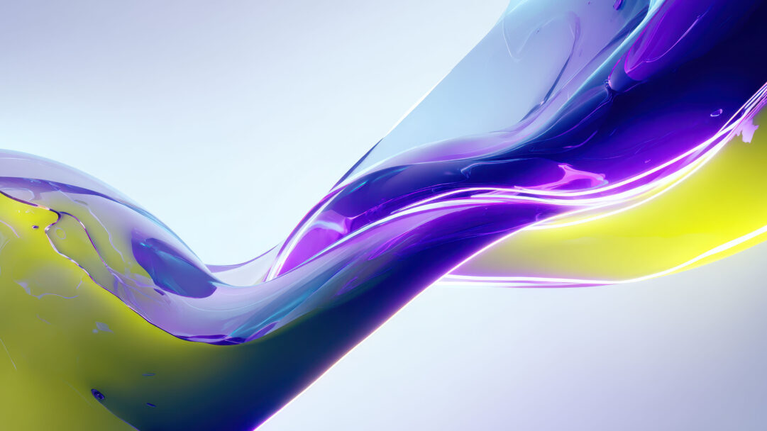An ethereal 4K wallpaper presents a flowing, abstract fluid wave composed of vibrant purple, blue, and yellow hues against a soft gradient background. Its luminous, swirling form appears to be in dynamic motion, with bright highlights accentuating its smooth, undulating surfaces.