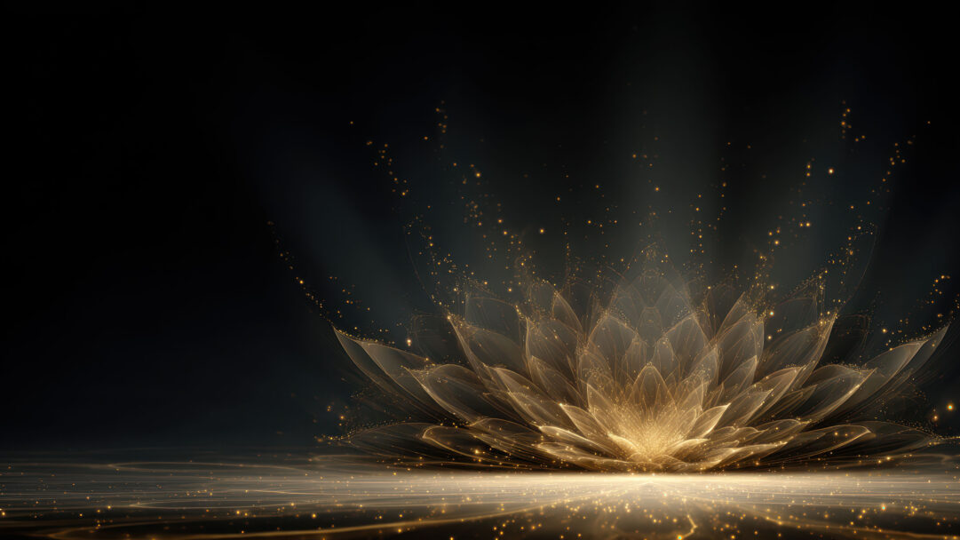 A mesmerizing 4K wallpaper captures an abstract golden lotus radiating a brilliant light from its delicate petals against a dark, cosmic void. The intense glow reflects off a subtle surface below, dissolving into myriad golden sparkles that ascend gracefully, filling the scene with mystical energy.