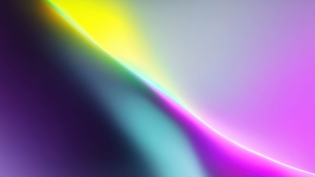 A vibrant 4K wallpaper showcasing an abstract gradient curve, designed as a sleek and modern desktop background for Windows 11. This smooth, sweeping diagonal separates luminous shades of bright yellow and teal from deep purples and fuchsia, accented by a subtle, glowing white edge that defines the ethereal transition.