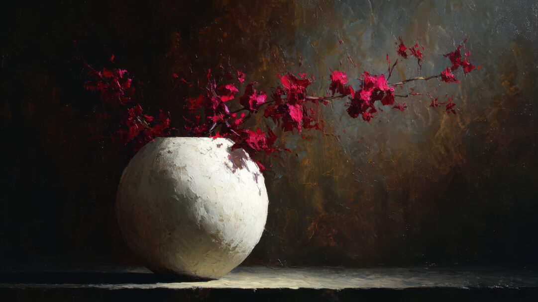 A striking 4K wallpaper presents an abstract realism minimalist still life painting, depicting vivid red flowers elegantly arranged in a textured white spherical vase on a dark surface. The composition’s bold impasto brushstrokes and the interplay of light and shadow against the richly mottled, somber background evoke a dramatic yet serene mood.