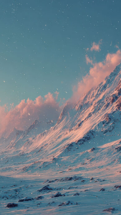 A mesmerizing 4K wallpaper depicts an otherworldly alien snowy mountain range at sunset. Gentle snowfall drifts across the vast landscape, bathed in the dramatic interplay of a glowing pink-orange sun against the cool blue twilight.
