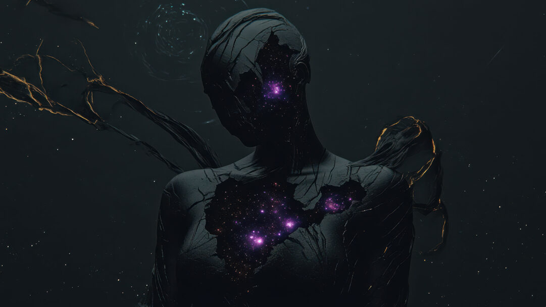 An enigmatic 4K wallpaper presents a Black Starstone Cosmic Goddess, her dark, fractured form embodying the vastness of a shimmering galaxy. Vibrant purple nebulae and stars brilliantly glow from within her cracked surface, creating an ethereal and powerful cosmic presence.