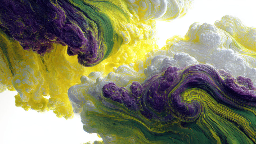 An otherworldly 4K wallpaper depicts a cosmic abstract fluid gradient, where vibrant masses of purple, green, yellow, and white liquids swirl against a bright void. These dynamic, textured forms appear to churn and intertwine, with delicate tendrils of color extending into the luminous white space, creating a sense of ethereal movement and depth.