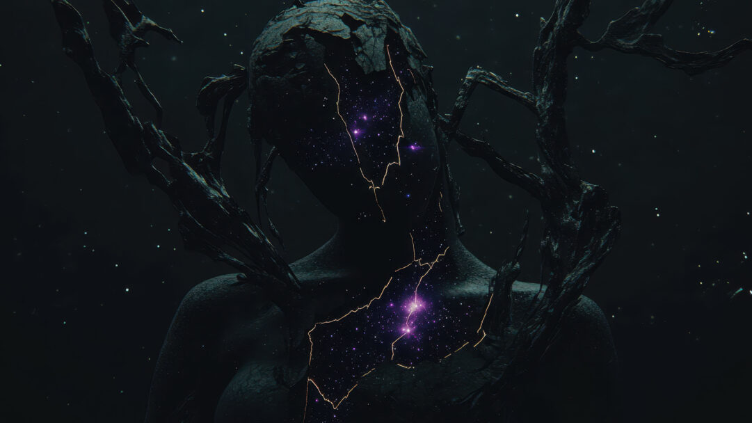 A majestic 4K wallpaper presenting a cosmic goddess figure, formed from dark, textured black stone, standing in a subtle starry void. Vibrant purple and white galaxies burst through golden cracks in her obsidian body, creating a striking contrast of celestial light against ancient, fractured matter.