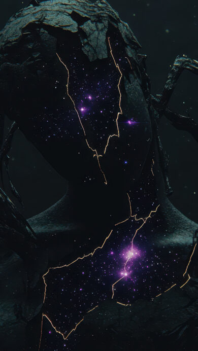 A majestic 4K wallpaper presenting a cosmic goddess figure, formed from dark, textured black stone, standing in a subtle starry void. Vibrant purple and white galaxies burst through golden cracks in her obsidian body, creating a striking contrast of celestial light against ancient, fractured matter.