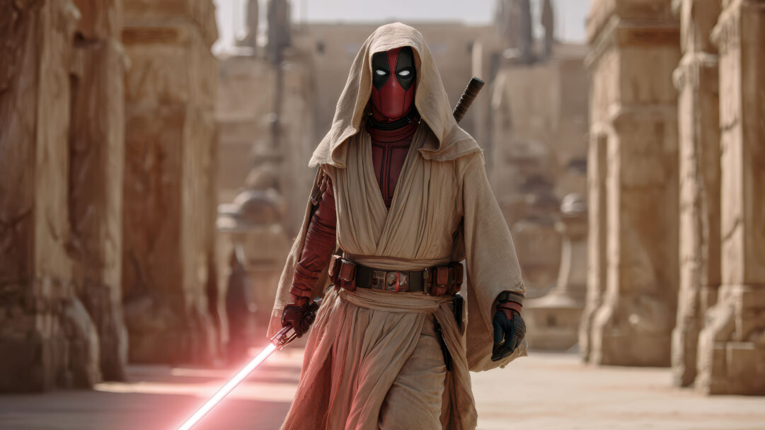 An epic 4K wallpaper showcases Deadpool as a formidable Jedi Knight, standing in a vast, ancient desert landscape lined with weathered stone structures. His iconic red and black mask is framed by a flowing beige hood, while the vibrant crimson glow of his Lightsaber cuts through the warm, sandy surroundings, creating a dramatic and powerful mood.