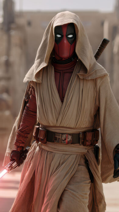 An epic 4K wallpaper showcases Deadpool as a formidable Jedi Knight, standing in a vast, ancient desert landscape lined with weathered stone structures. His iconic red and black mask is framed by a flowing beige hood, while the vibrant crimson glow of his Lightsaber cuts through the warm, sandy surroundings, creating a dramatic and powerful mood.