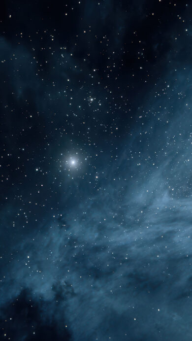 An immersive 4K wallpaper showcases a magnificent blue nebula gently swirling across the vast expanse of deep space. Brilliant distant stars scatter throughout the dark cosmic dust, with a particularly bright star illuminating the ethereal blue gases, evoking a sense of tranquil wonder.