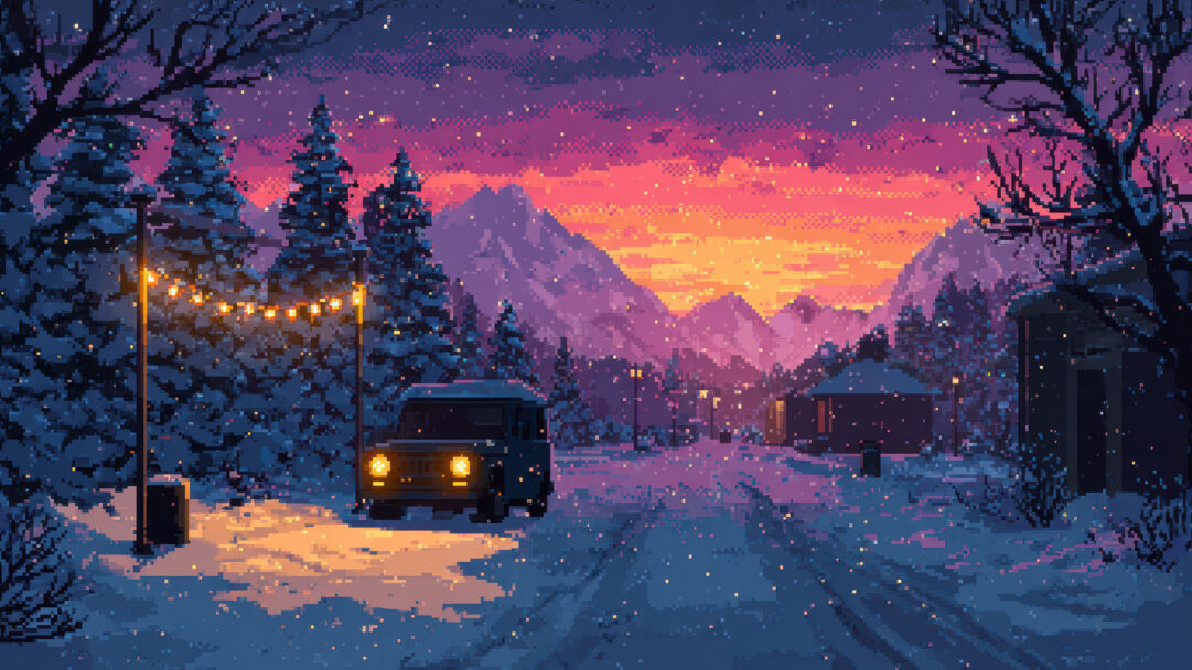 A captivating 4K wallpaper unveils a detailed pixel art serene winter evening landscape, featuring a vintage car parked on a snow-covered road flanked by illuminated pine trees and distant mountains. Gentle snowfall descends as the warm glow of string lights and the car's headlights beautifully contrast with the dramatic pink and orange sunset behind the peaks, enhancing the peaceful mood.