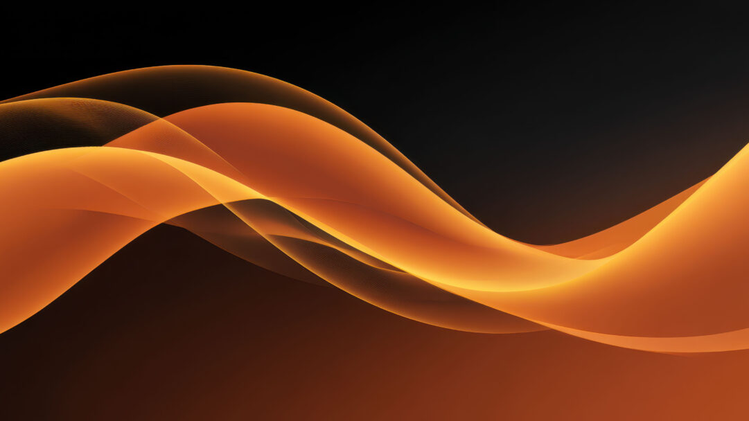 A captivating 4K wallpaper featuring an elegant abstract background of smooth, flowing orange waves against a dark setting. The translucent curves undulate gracefully, illuminated with a warm, glowing gradient that transitions from bright amber to soft, deep orange, conveying a sense of serene energy.