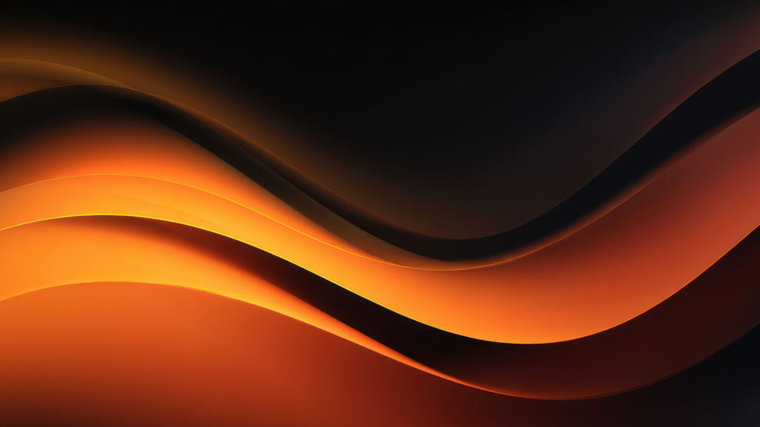 A captivating 4K wallpaper presents elegant abstract orange flowing waves as a vibrant digitl art composition. The striking interplay of light and shadow defines its mood, with luminous golden orange curves gracefully merging into deep, dark backgrounds, creating a sense of smooth, dynamic motion.