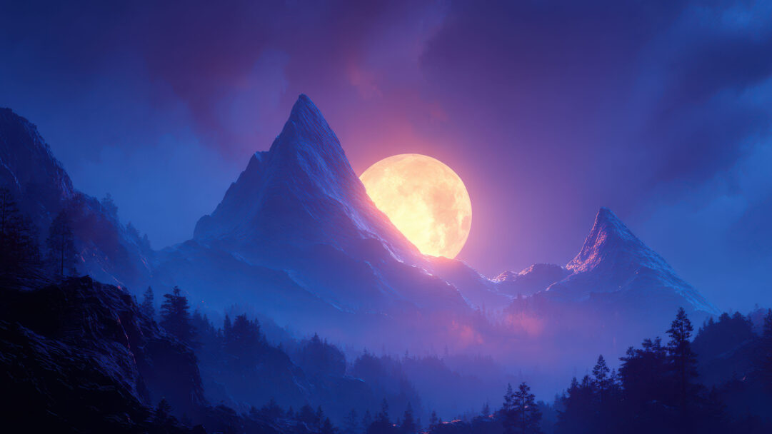 A breathtaking 4K wallpaper depicts a radiant full moon rising dramatically behind jagged mountain peaks in a mystical night landscape. The moon's warm, intense glow bathes the rugged terrain and surrounding fog in ethereal oranges and purples, creating a serene yet powerful scene.