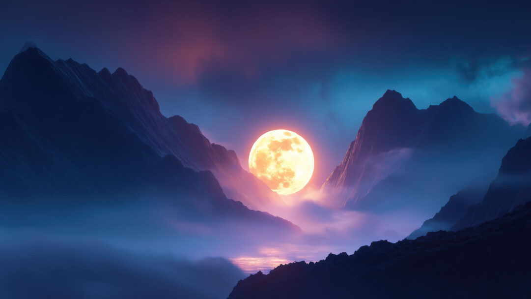 A dramatic 4K wallpaper presents a brilliant full moon nestled within a deep mountain valley, where water reflects its light amidst swirling fog. The moon's intense golden glow powerfully illuminates the surrounding blue and purple misty landscape, creating an otherworldly and serene ambiance.