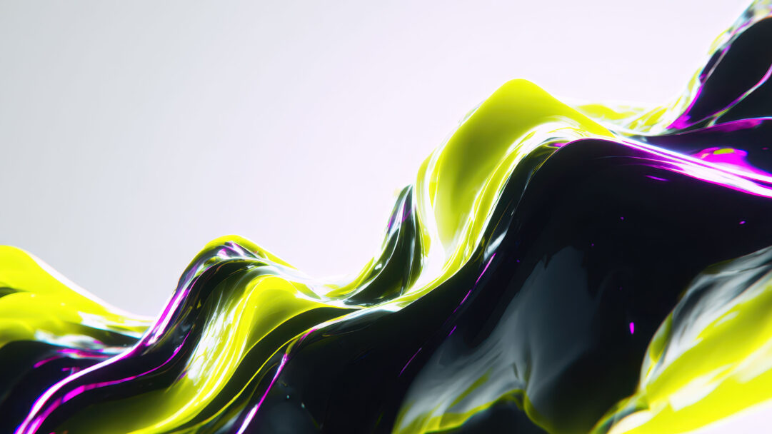 A mesmerizing 4K wallpaper displaying glistening abstract energy waves in a dynamic flow of neon green, black, and purple against a soft white background. The fluid, undulating forms are highlighted by sharp reflections and an intense luminosity where the neon green meets the deep black, accented by streaks of glowing purple.