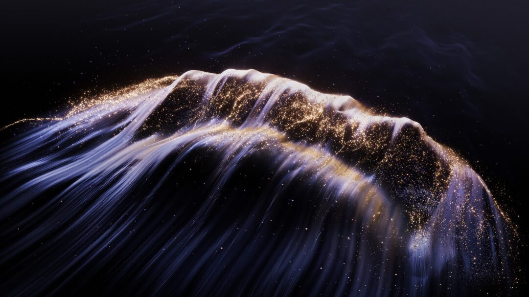 A dazzling 4K wallpaper presents an abstract wave of glittering particles gracefully suspended in a dark, ethereal space. The wave's peaks sparkle with intense golden light, while its deeper sections flow with translucent streaks of purple and blue, creating a dynamic and enchanting visual.