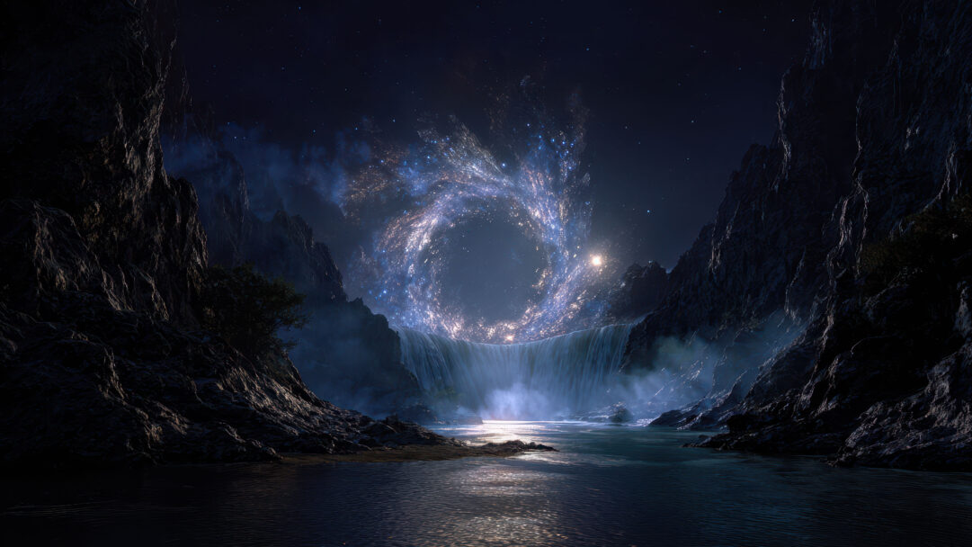 An enchanting 4K wallpaper captures a majestic glowing crystal portal waterfall at night, dramatically framed by steep, dark cliff faces on either side. Above the powerful cascade, a swirling ring of brilliant blue and gold starlight forms the portal, casting an otherworldly glow that reflects upon the misty water.