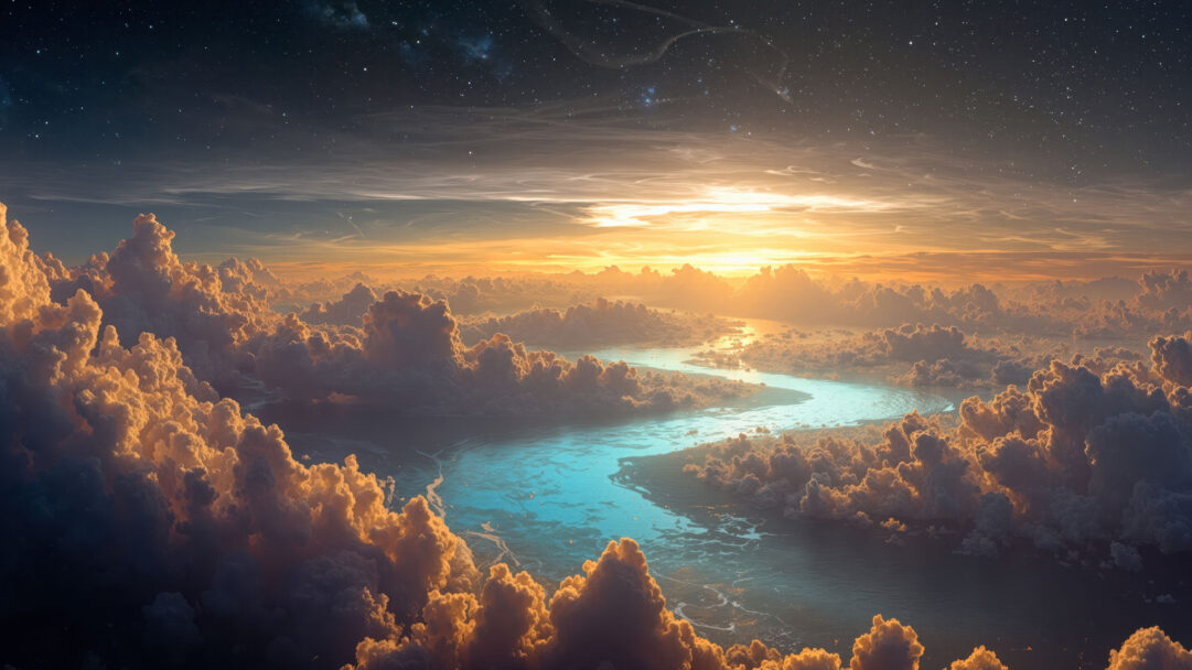 A breathtaking 4K wallpaper unveils a vast landscape vista at sunset, where a winding blue river flows between dramatic golden clouds. The warm hues of the golden clouds are brilliantly illuminated by the setting sun, contrasting with the tranquil azure river below and the emerging starry expanse above.