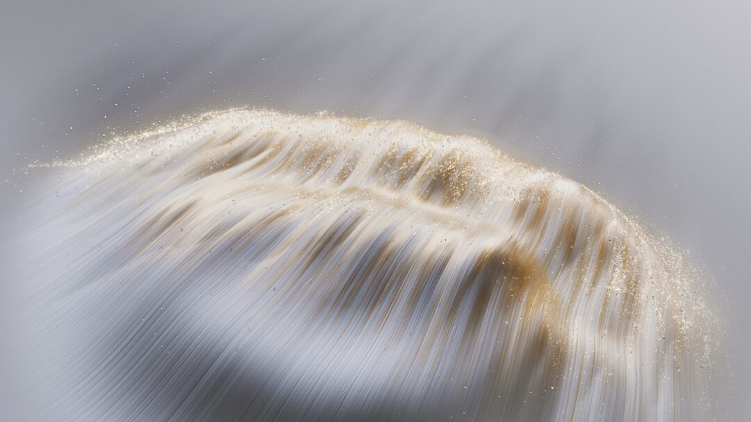 A captivating 4K wallpaper showcases a golden glitter abstract wave. This elegant, flowing form, defined by light-colored streaks that suggest movement, is illuminated by a cascade of vibrant golden glitter against a soft, luminous background, creating a sense of ethereal brilliance.